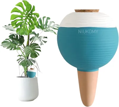 Imagen del producto de Esfera de riego para plantas, 450 ml, cono de riego de terracota con tapón de corcho, color azul, ideal para plantas como el peperomioide y para uso en oficinas