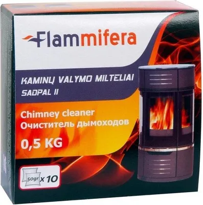 The image shows the packaging for a chimney cleaner product.