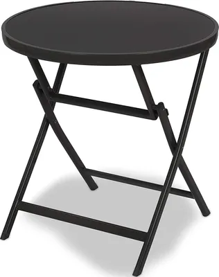 A black folding side table with a round glass top.