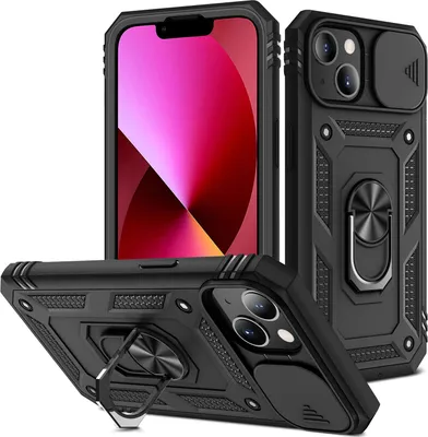 Produktbild von iPhone 14 Hülle, Schiebe Kamera Schutz Robust Rüstung Stoßfest Schutzhülle mit Ringhalterung Ständer Kartenhalter für iPhone 14 Schwarz