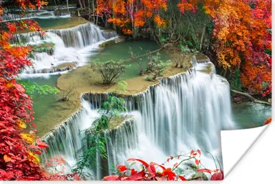 Produktbild von MuchoWow® Poster Bäume - Wasserfall - Herbst - Natur 120x80 cm - Bilder