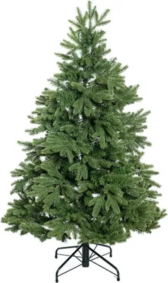 A full shot of an artificial Christmas tree on a stand, isolated on a white background.