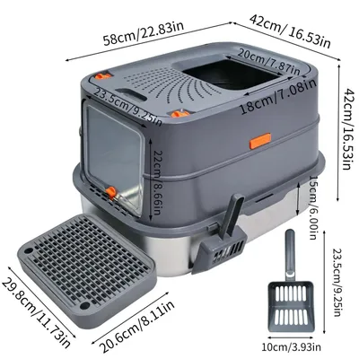 Image de Bac à litière en acier inoxydable - Bac à litière XL - Entièrement fermé - Accès par l'avant et par le haut - Parois hautes - Étanche - Gris argenté