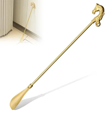Produktbild von 24 Zoll Schuhlöffel lang aus massivem Messing, extra langer Stiefelanzieher mit Pferdekopf Griff, robust & langlebig, für Senioren & ohne Bücken