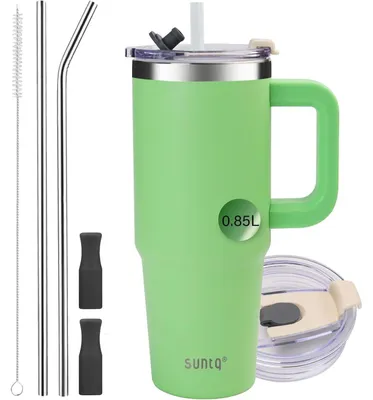 Immagine prodotto di Tazza termica isolata con manico, 850 ml, verde, in acciaio inossidabile, a doppia parete, con cannuccia e coperchio