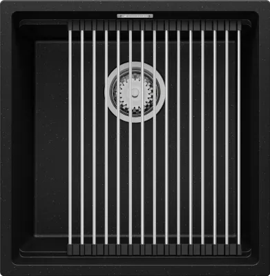 Produktbild von PRIMAGRAN Spülbecken Schwarz Metallic 46x47cm, Granitspüle 1 Becken + Ablauf-Set + Aufrollbare Abtropffläche, Küchenspüle ab 50er Unterschrank - Praga Slim