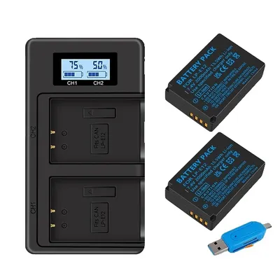 A black dual battery charger with two batteries and a USB adapter are displayed on a white background.