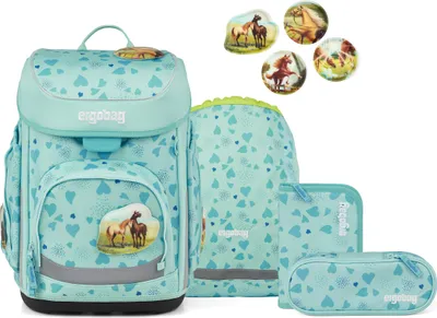 A set of school supplies with a horse theme, including a backpack, pencil case, and other accessories, displayed against a white background.