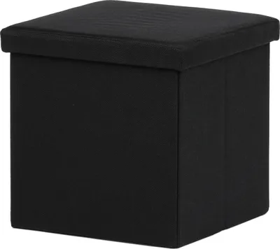 A black storage ottoman is shown from a front-facing angle against a white background.