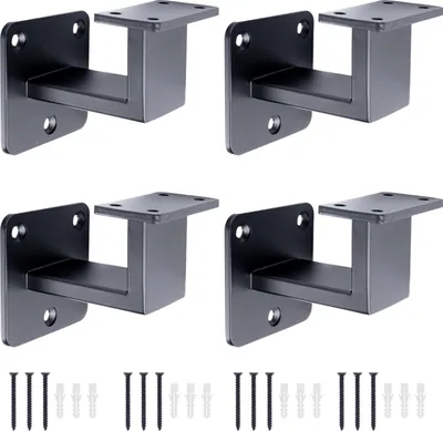 Four black handrail brackets and screws are arranged in a grid on a white background.