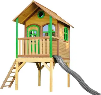 Immagine prodotto di AXI Laura Casa Bambini con pavimento e scivolo grigio | Casetta da gioco per giardino / esterno in marrone e verde in legno  | Parco giochi per bambini