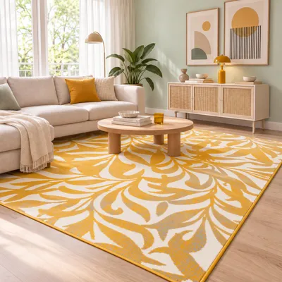 Zdjęcie produktu dla Dywan designerski Samba, nowoczesny wzór, kolor: curry, żółty, motyw kwiatowy, rozmiar: 160x230 cm, Obraz wygenerowany przez AI