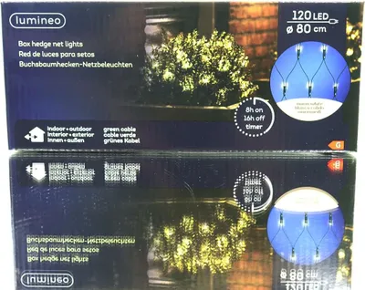 The image shows the packaging for Lumineo LED hedge net lights, with a picture of the product in use on the box.