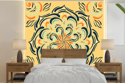 Produktbild von MuchoWow® Fototapete für Wohnzimmer oder Schlafzimmer Wandtapete Vinyl Motivtapete Blume - Blätter - Gelb - Muster - 220x220 cm - Tapeten