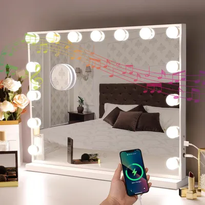 Produktbild von Bluetooth Hollywood Kosmetikspiegel, Schminkspiegel mit 15 LEDs Beleuchtung und USB, 3-farbig einstellbares Licht mit Memory-Funktion, Touchscreen