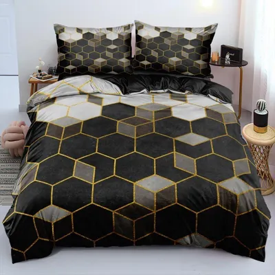 Obrázok produktu pre Sada posteľnej bielizne, 3-dielna, 220x240 cm, čierna, geometrický vzor, sieťka, mikrovlákno, so zipsom