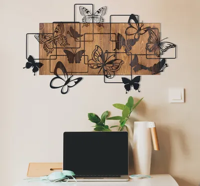 Image de Wallity, accessoire mural décoratif en bois, 73 x 42,5 cm, noir et noyer | 100 % métal (1,2 mm) et cadre 100 % bois (3 cm) | Élégant et fonctionnel pour tous les intérieurs.