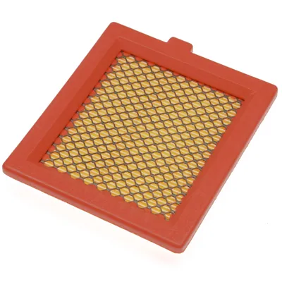 A square-shaped air filter with an orange frame and a yellow mesh filter element.
