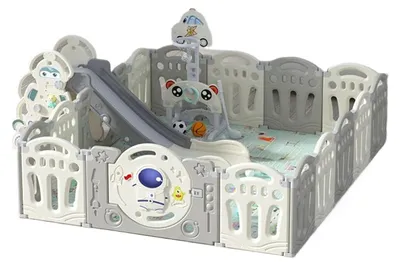 Immagine prodotto di Recinto per bambini piccoli – Area giochi interna con scivolo e canestro da basket – 1,5 x 1,6 m – Recinzione di sicurezza – Adatto a bambini piccoli – Motivo animalier