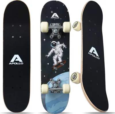 Produktbild von Apollo Kinder Skateboard, | kleines Komplett Board mit ABEC 3 Kugellagern und Aluminium Achsen | Coole Designs für Kinder | Cruiser Boards für Mädchen und Jungs | Kinder Skateboard ab 3 Jahre - "Space Rock" 71 cm