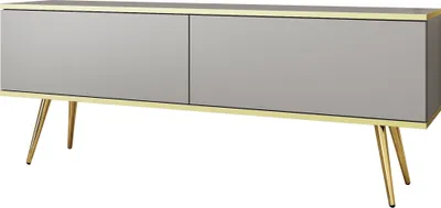 Image de Armoire TV Rodi - Meuble TV avec 2 abattants, pieds - TV Lowboard 135 cm, Salon, PUSH TO OPEN (Gris + Or)