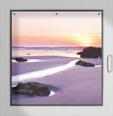 Produktbild von Wallario Lichtschutzbild, Dekorativer Sichtschutz Sonnenschutz 96 x 100 cm mit Motiv: Sonnenuntergang am einsamen Strand - Verdunklung ohne Bohren