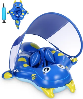 Produktbild von Baby Schwimmring mit abnehmbarem Sonnenschutz UPF 50+, für 3-72 Monate, Schwimmsitz mit Rückenstütze, Sicherheitsgurt, inkl. Pumpe, Monster Design