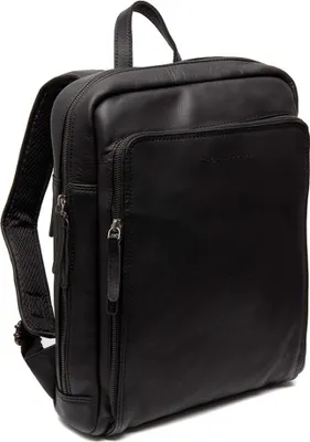 A black leather rucksack is shown from a side-angle against a white background.