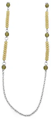 Produktbild von Vintageparts Gliederkette Retro platinfarben grün Perlenelemente 106 cm