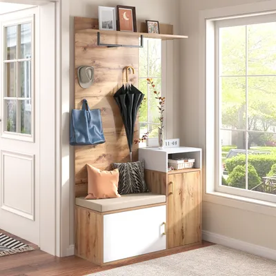 Produktbild von MODFU Garderoben-Set Flurgarderobe Garderobe Flurkleiderschrank Wandgarderobe, oberes Ablagefach, Flurgarderobe Sitzbank.,Weiß + Holzfarbe