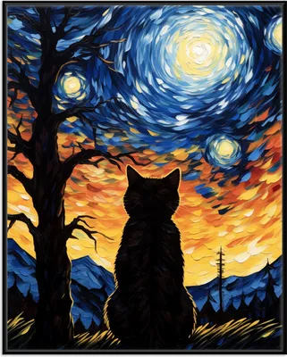 Produktbild von Wallario Wandbild Katze im Sternenlicht, Größe: 40,30 x 50,30 cm, Poster mit schwarzem Aluminiumrahmen
