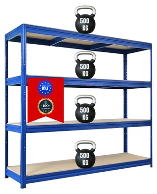 Produktbild von Schwerlastregal DINO | HxBxT 180x200x60cm | 4 Spanplatten-Ebenen 16mm | Fachlast 500kg | Blau