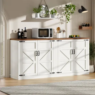 Image de Buffet, armoire de cuisine, blanc, 160x40x85 cm, 4 portes, étagères réglables