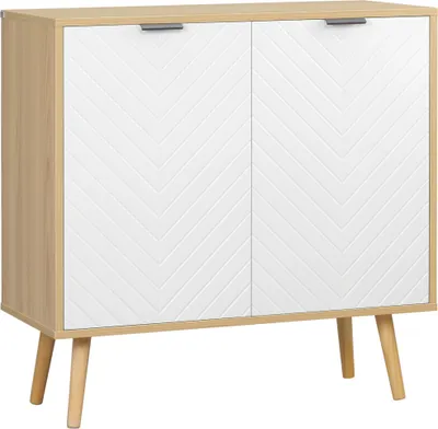 Image de HOMCOM Buffet salon, meuble de rangement avec 2 portes et étagère réglable, pieds en bois de pin, buffet salle à manger cuisine et chambre, 77 x 35 x 77,5 cm, blanc et bois naturel