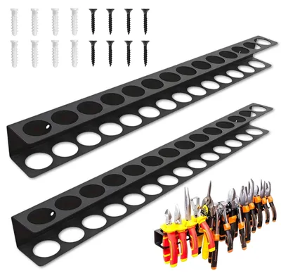 Produktbild von 2 Stück Schraubenzieher Halterung, 40 cm Werkzeughalter Wand mit 14 Löcher Werkzeug Wandhalterung Zangenhalter Metall Schraubendreher Halter für Werkstätten, Werkbänke (Schwarz)