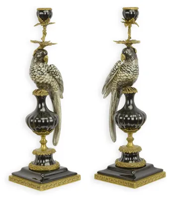 Produktbild von 2 Kerzenständer Papagei Porzellan und Bronze Replikat Retro Design Dekoration