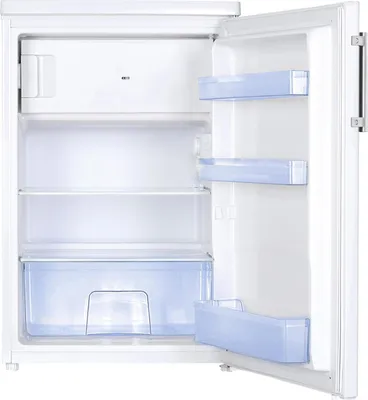 An open white refrigerator with empty shelves and drawers.