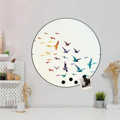 Produktbild von Design Stahlmagnettafel Schwarz Rund 47cm Fliegende Vögel