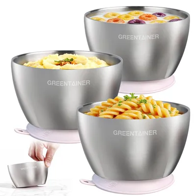 3er-Set Edelstahl-Babyschalen mit Saugnapf, BPA-frei, rosa