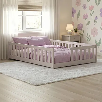 Produktbild von Kids Collective Kinderbett Bodenbett mit Rausfallschutz Lattenrost und Matratze Montessori Bett Bed Gitterbett Kinder Jugendbett Einzelbett | 120x200 cm | Kaschmir
