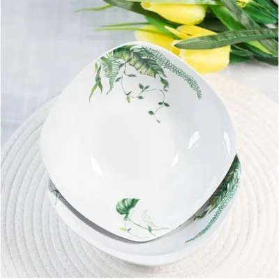 Obrázek produktu pro Porcelánová jídelní sada, 18 kusů, pro 6 osob, bílá se zelenými lístky