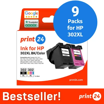 Immagine prodotto di NUOVO: print24 Cartucce d'inchiostro per HP 302XL, Multipack (BK/C/M/Y), 9 pezzi