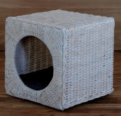 Produktbild von KRINES HOME Katzenhöhle Katzenkorb RattanKatzenbett inklusive Polster / Tierkorb Kubus Katze (Vintage Weiss)