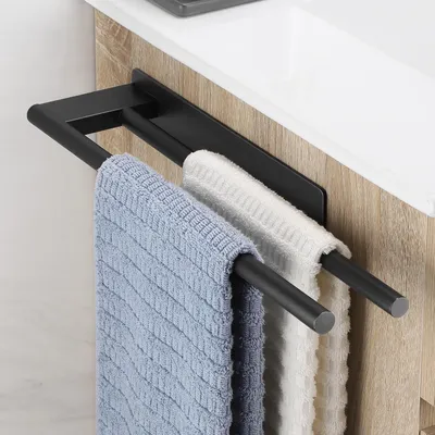 Immagine prodotto di Portasciugamani senza fori, nero opaco, acciaio inossidabile, 39 cm, con due bracci, adesivo