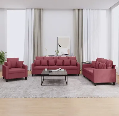 Produktbild von Cloris Designermöbel 3-tlg. Sofagarnitur mit Kissen Weinrot Stoff 2024 Neu