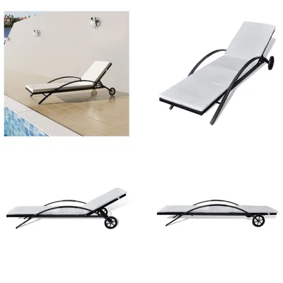 Image de vidaXL Chaise longue avec coussin & roulettes Poly rotin noir - Chaise longue - Chaises longues - Chaises longues