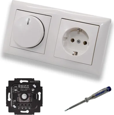 Produktbild von Busch Jäger 6523UR-103 LED Drehdimmer Dimmer + Dimmerscheibe 2115-914 und Steckdose 20EUC-914 in Balance Si alpinweiß glänzend inklusive EBROM Phasenprüfer zur Montage der Geräte 6523 UR-103