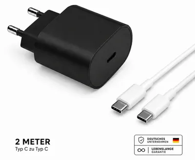 Produktbild von Schnellladegerät Netzteil USB-C Universal 25W mit Ladekabel – Für iPhone, Samsung , etc. – Schwarz / Typ C 2 Meter