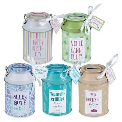 Produktbild von Spardose Kanne, 8,5 × 12,5 × 8,5 cm, sortierte Spruchmotive