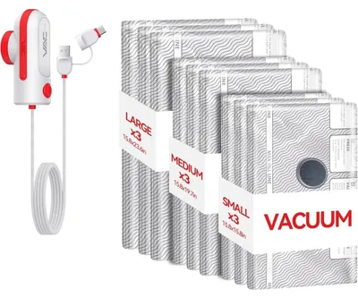 Image de Sacs de rangement sous vide avec pompe, lot de 9, couleur rouge, pour vêtements, adaptés aux voyages, compatibles avec les bagages cabine, avec connecteurs USB et Type-C